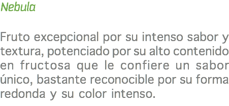 Nebula Fruto excepcional por su intenso sabor y textura, potenciado por su alto contenido en fructosa que le confiere un sabor único, bastante reconocible por su forma redonda y su color intenso.